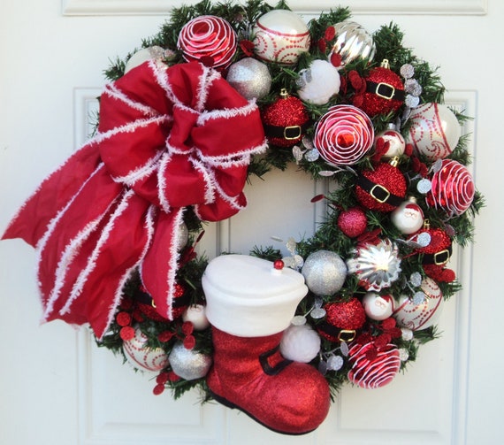 Santa Claus Boot Christmas Wreath Red Silver - ViennaSparkleWreaths