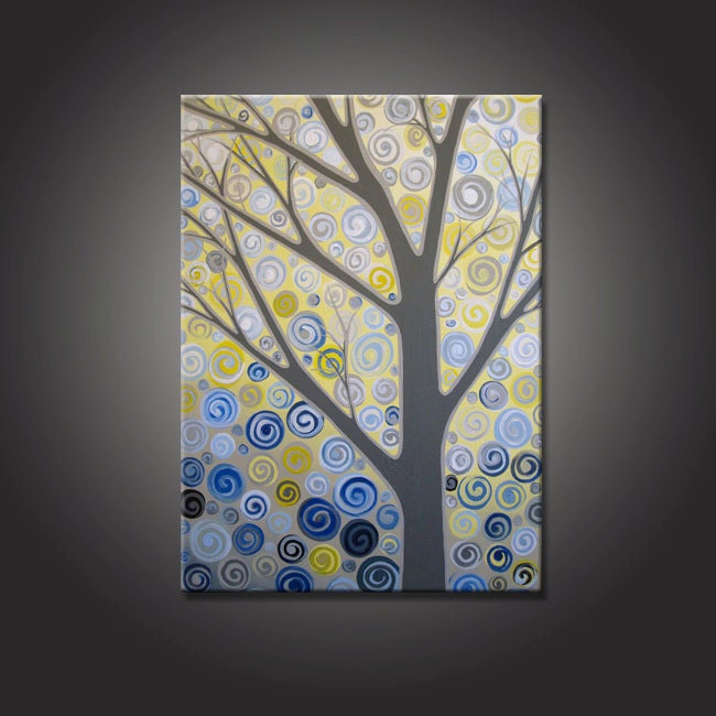 Yellow, Grey and Blue Abstract Tree Wall Art, Extra Large 24x36" Acrylic Painting on Canvas