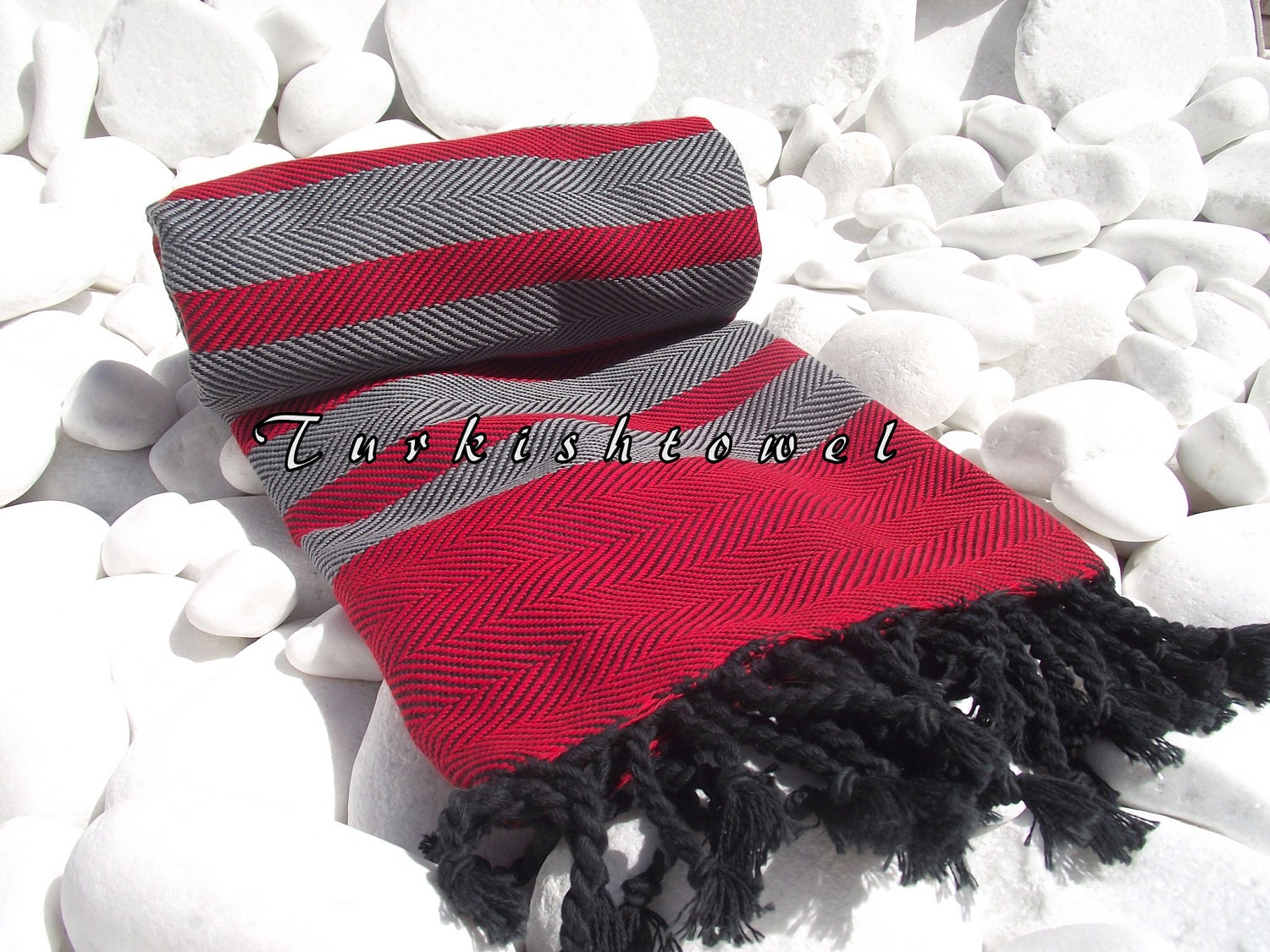 Turkishtowel-Soft-Highest Quality,Pure Organic Cotton,Hand Woven,Bath,Beach,Spa,Yoga,Travel Towel or Sarong-Red,Gray and  Black tassels