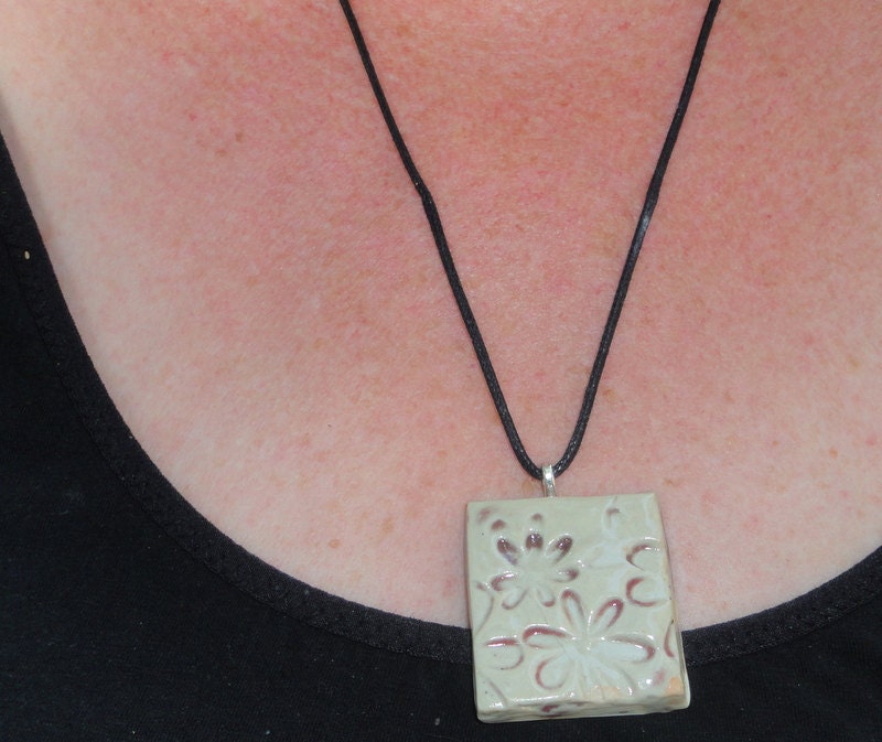 Pottery Floral  Necklace in soft green and burgundy