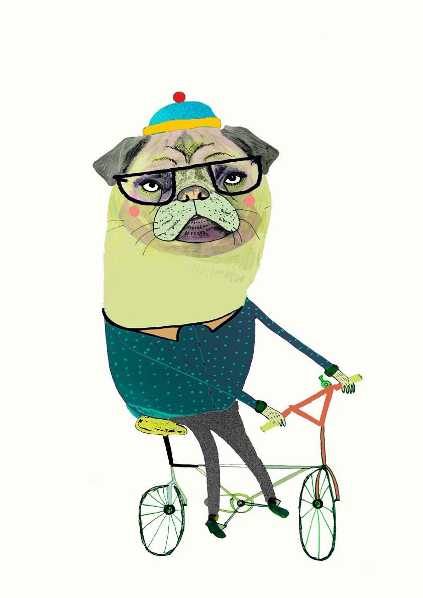 Pug on bike. limited edition art print by illustrator Ashley Percival. Pug Art.