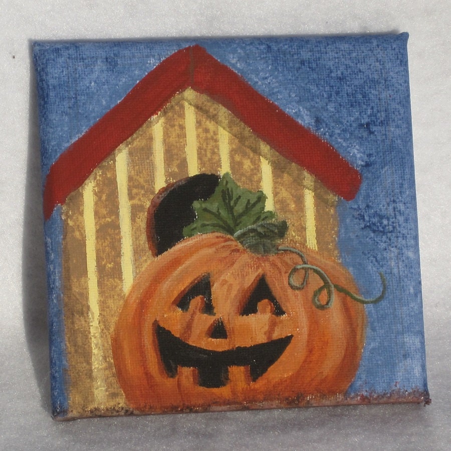 5"x5" pumpkin and birdhouse painting on stretch canvas