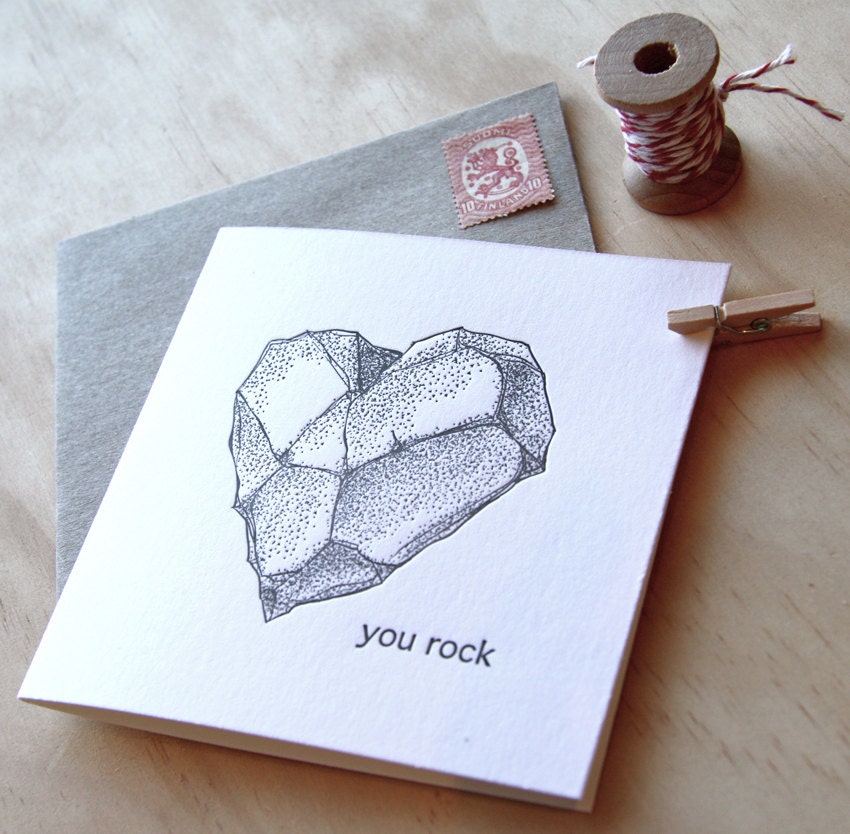 Father's Day You rock - all occasion letterpress card, heart shaped rock, rock heart, black & white with kraft envelope made in Australia