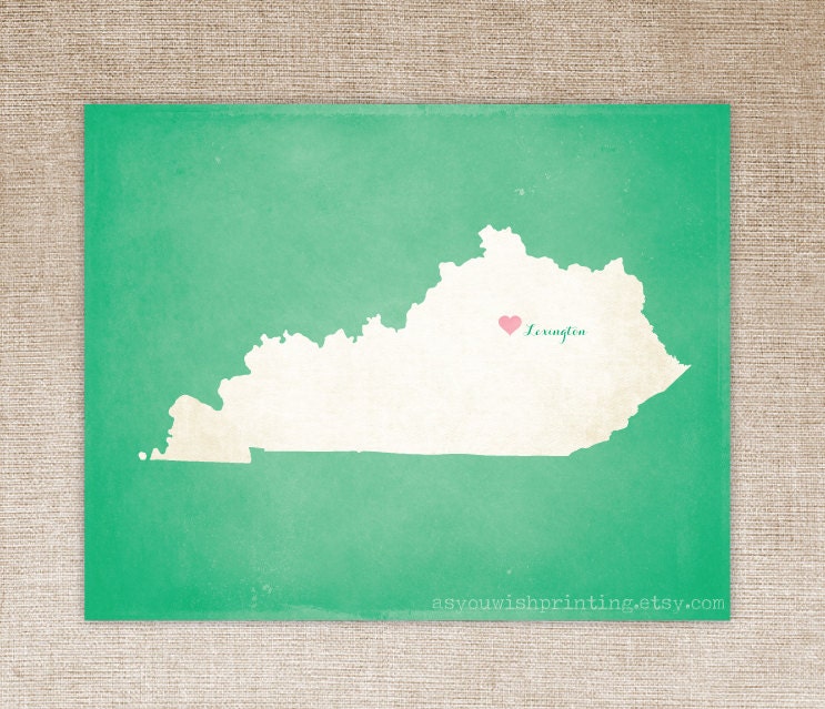 Customized Kentucky 8 x 10 State Art Print, State Map, Heart, Silhouette, Aged-Look Print