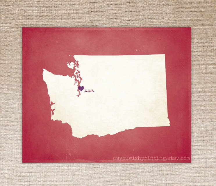 Customized Washington 8 x 10 State Art Print, State Map, Heart, Silhouette, Aged-Look Print