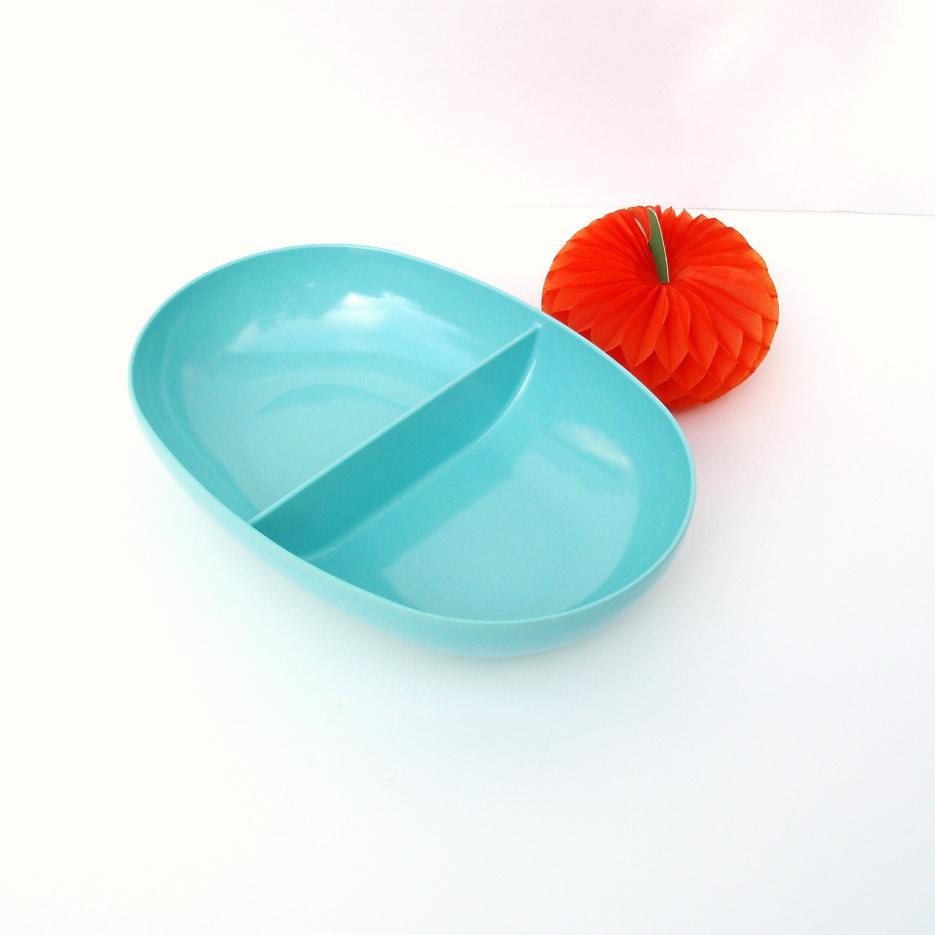 Aqua Melamine Dish, Oval Bowl, Turquoise Melmac, Divided Serving Dish, Kitchenware