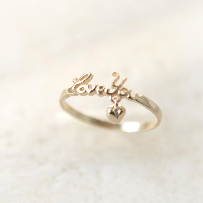 Tiny heart and love you ring in gold plated sterling silver