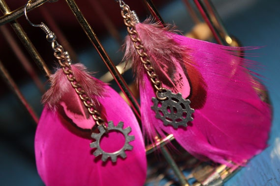 Hot Pink Feather Earrings with Gears - Steampunk Nickel Free