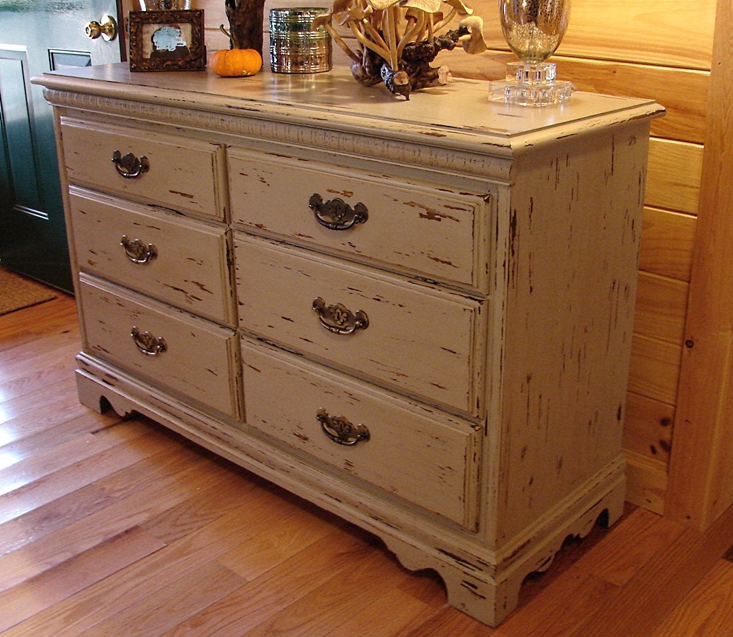Distressed Primitive Mud Putty Gray Low Credenza Chest Dresser (HAI) Shipping is not free, call or email for ship quote.
