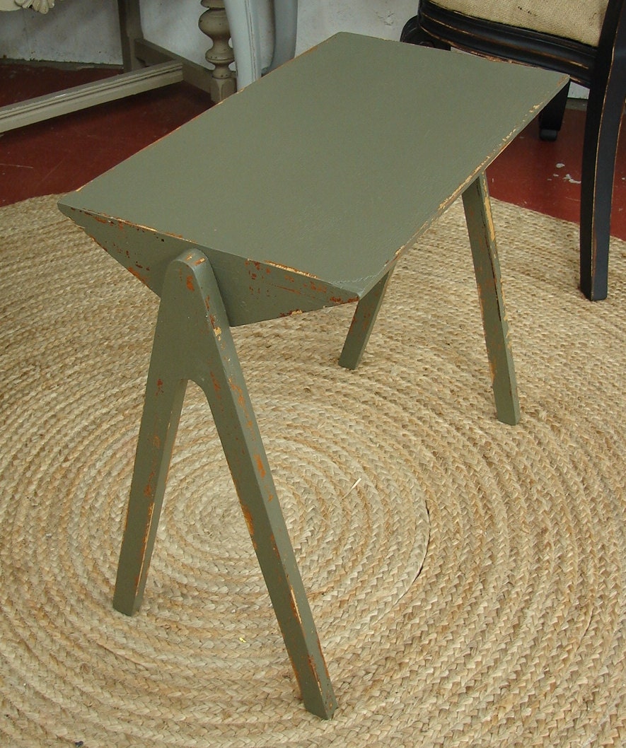 Small Green Paint Vintage Reclaimed Amish Stool Side Accent Table
