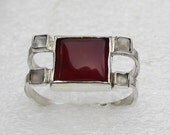 Square carnelian double band silver ring, red and white gemstone ring