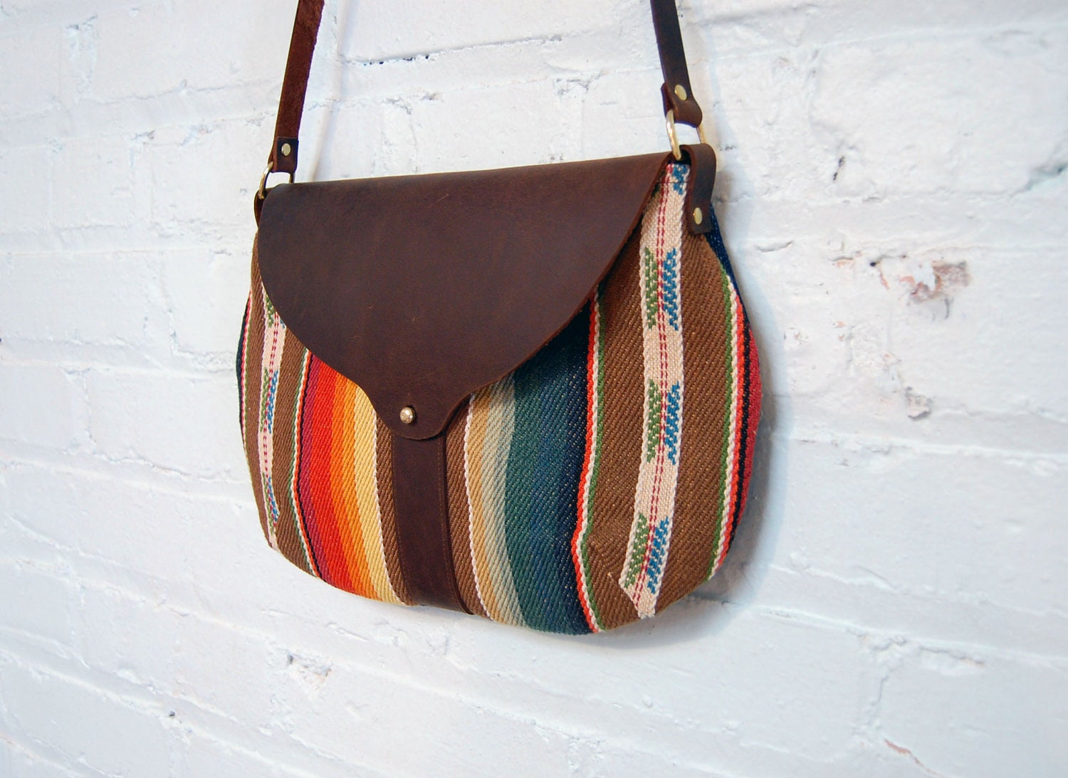 The Taplin Purse // Striped Rainbow Fabric with Dark Chocolate Brown Leather and Adjustable Strap