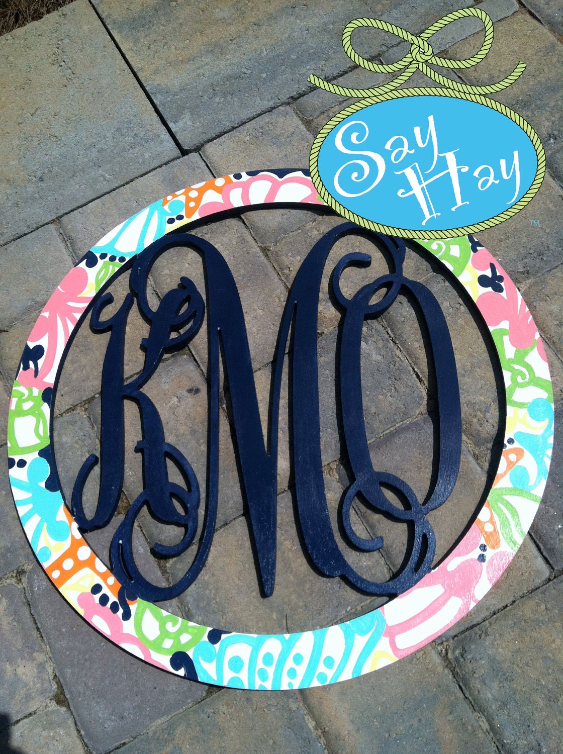 24" Wood Interlocking Monogram Cutout with Circle Border Painting in Lilly Pulitzer print