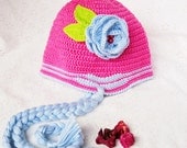 Crocheted baby / children hat in cyclamen and blue, winter hat, baby fashion, Photography Prop,READY TO SHIP