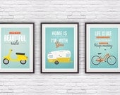 Three poster set,  retro print, Bike poster, Vespa, Shasta trailer poster, quote print, inspirational art, quote art, positive prints A3