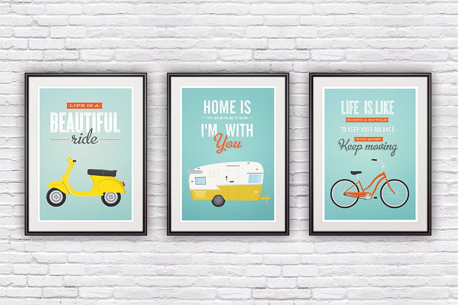 Three poster set,  retro print, Bike poster, Vespa, Shasta trailer poster, quote print, inspirational art, quote art, positive prints A3