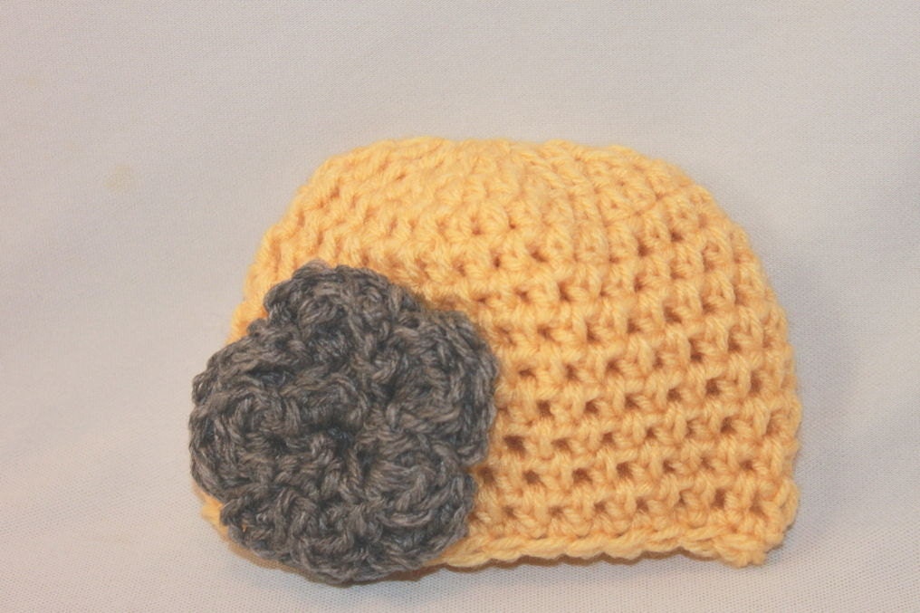 Crochet Baby Hat - Newborn Flower Hat - Infant Flower Hat- Baby Flower Beanie - Newborn Crochet Hat - Gray Yellow