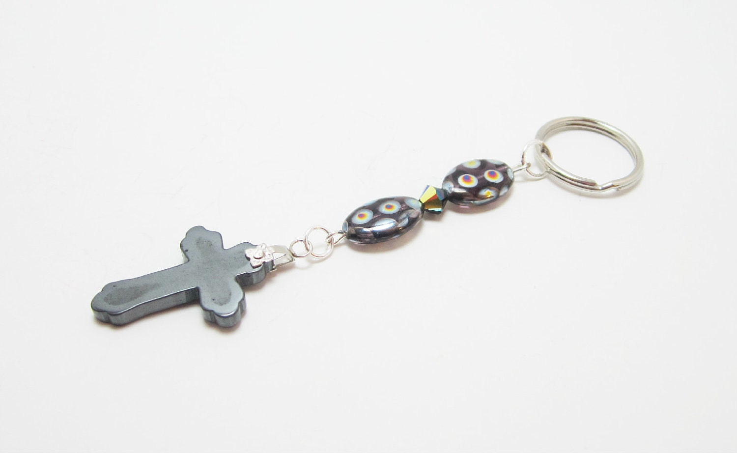 SALE Black and Silver Lampwork Beaded Keychain With Hemalyke Cross WAS 8.99