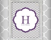 Personalized Initial and Name Nursery Graphic Art Print 8x10 Dark Lavender and Gray - Hailey