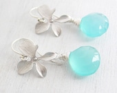 New Aqua Chalcedony Silver Orchid Flower Earrings, Argentium Sterling Silver Hoops, Aqua Blue Earrings, Wedding Jewelry, Gift Under 25