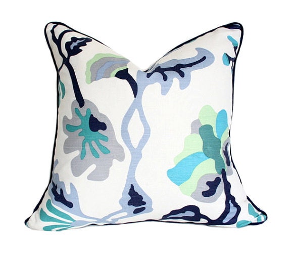 Potalla Multi Blues on White -Alan Campbell Quadrille- 17x17 Designer Pillow Cover with Piping