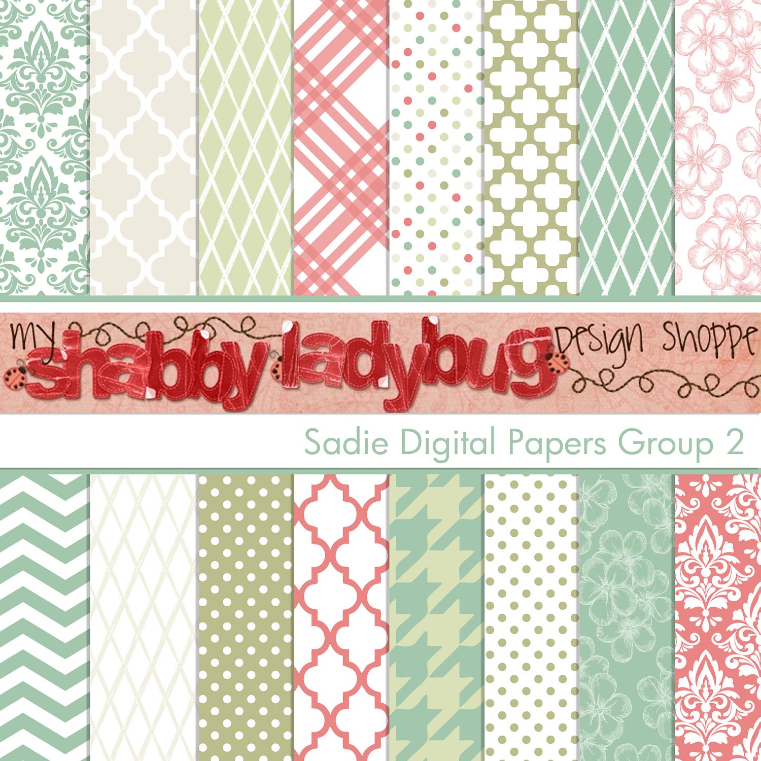 Sadie Digital Paper Collection Group 2: 16 Individual 12x12" 300 dpi digital scrapbook papers Lavender, Sage Green, Pink, Aqua Blue