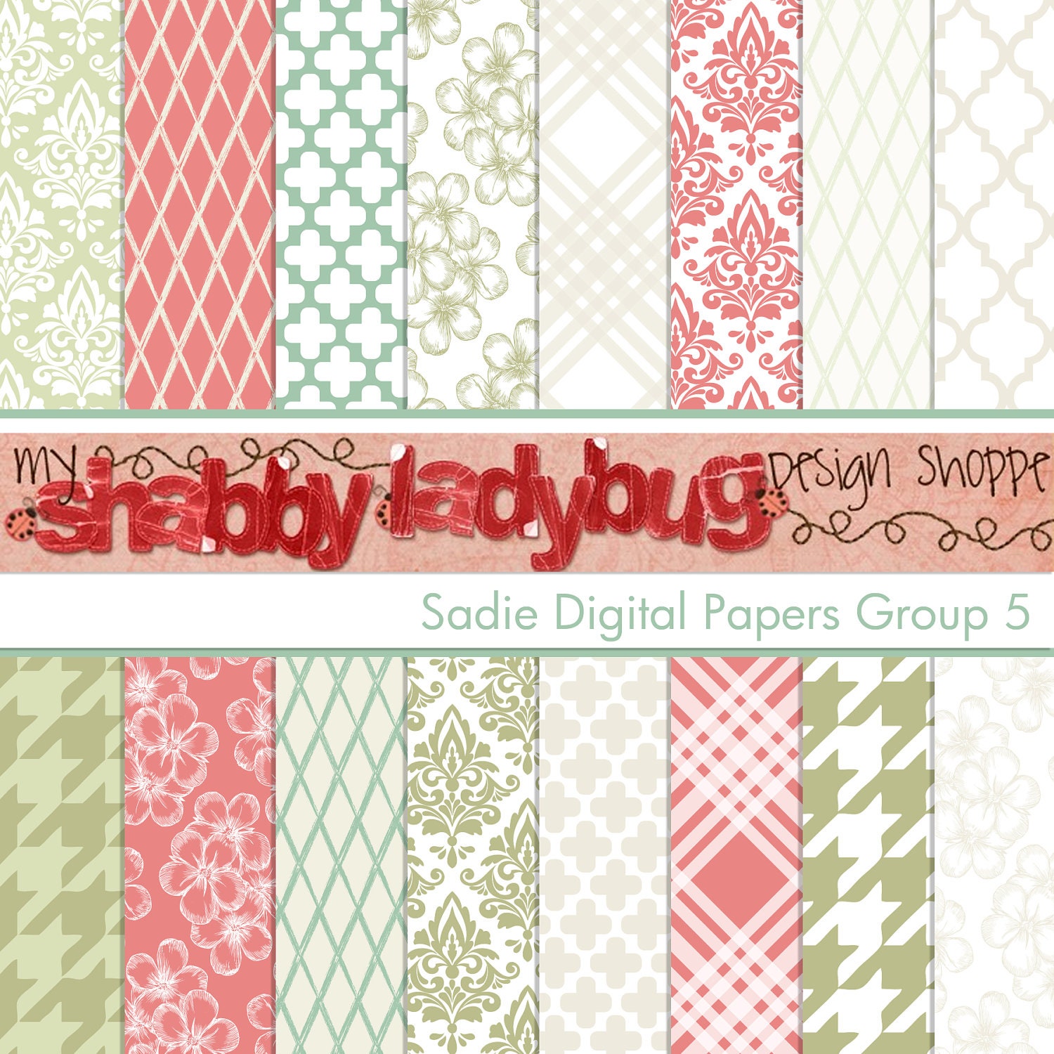Sadie Digital Paper Collection Group 5: 16 Individual 12x12" 300 dpi digital scrapbook papers Lavender, Sage Green, Pink, Aqua Blue