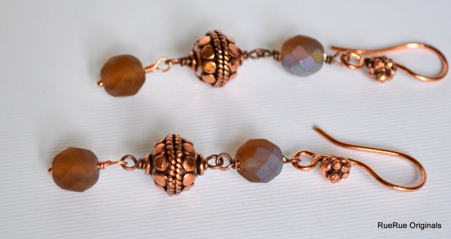 Copper Bali Bead and Crystal Dangle Earrings Vintage Inspired and Repurposed Handmade Jewelry