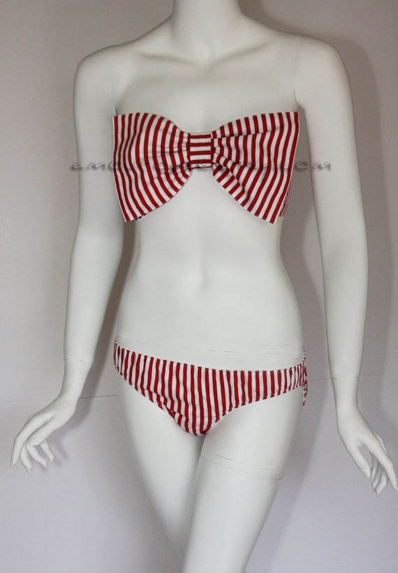 Red and White Stripe Bow Bandeau Set