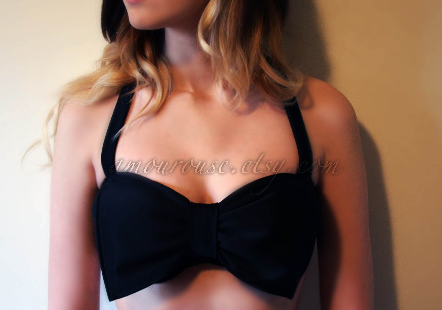 Black Lycra Swim Fabric Bow Bandeau with Padding