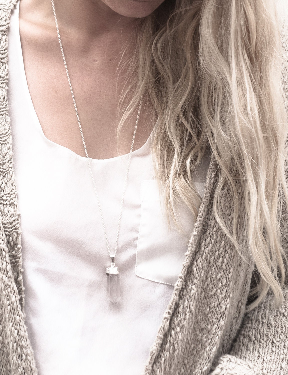 Silver dipped raw crystal necklace clear quartz point - 40% OFF