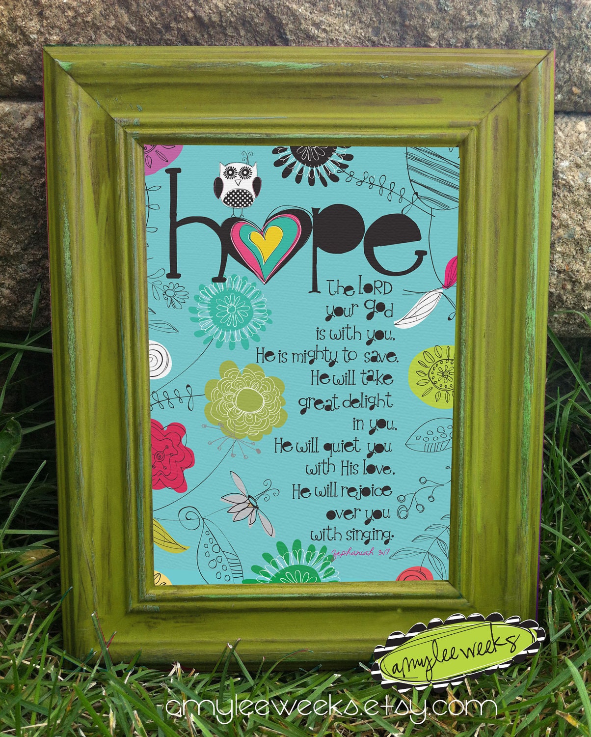 Scripture Art, Christian Art, Wise Reminders - Hope owl, canvas-mounted framed art (5x7)