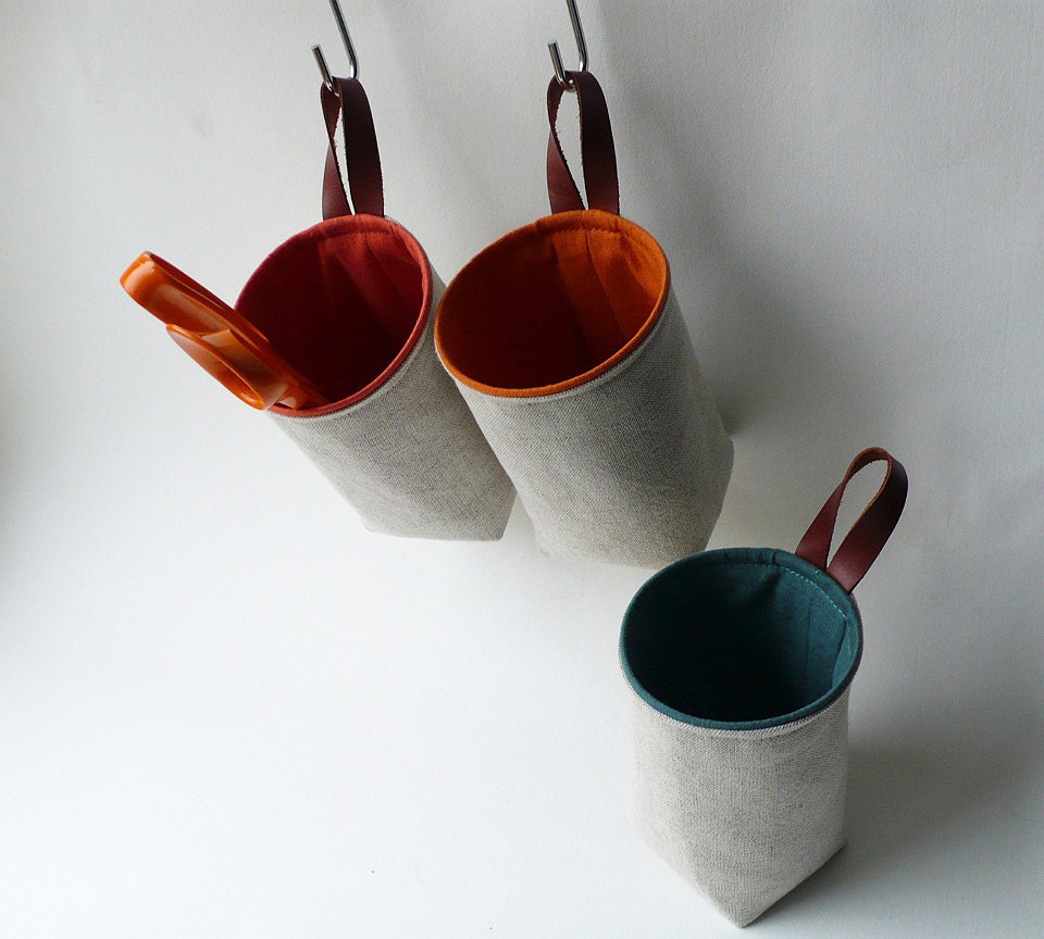 Hanging fabric basket wall pocket natural gray with leather loop handmade