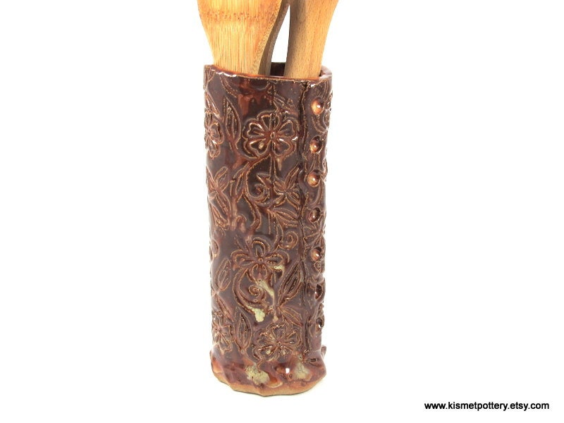 Flower Textured Stoneware Vase / Utensil Holder