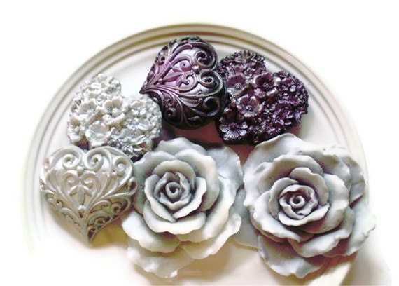 ROSE FLOWER SOAP, Glorious Grey Roses Silver & Black with Deep Purple Hearts, Scented with a Gardenia