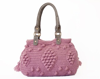 Pink / Rose Crocheted Handbag- handbag Celebrity Style With Genuine Leather Straps / Handles/crochet bag / gray bag