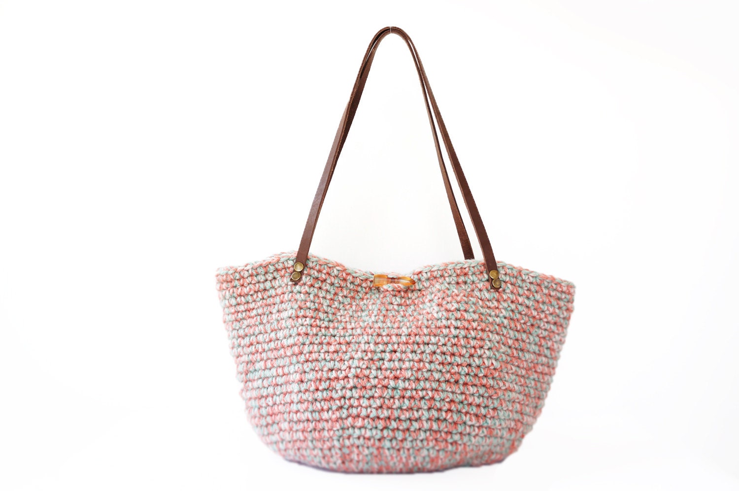 Hand knitted tricolor basket bag with genuine leather straps