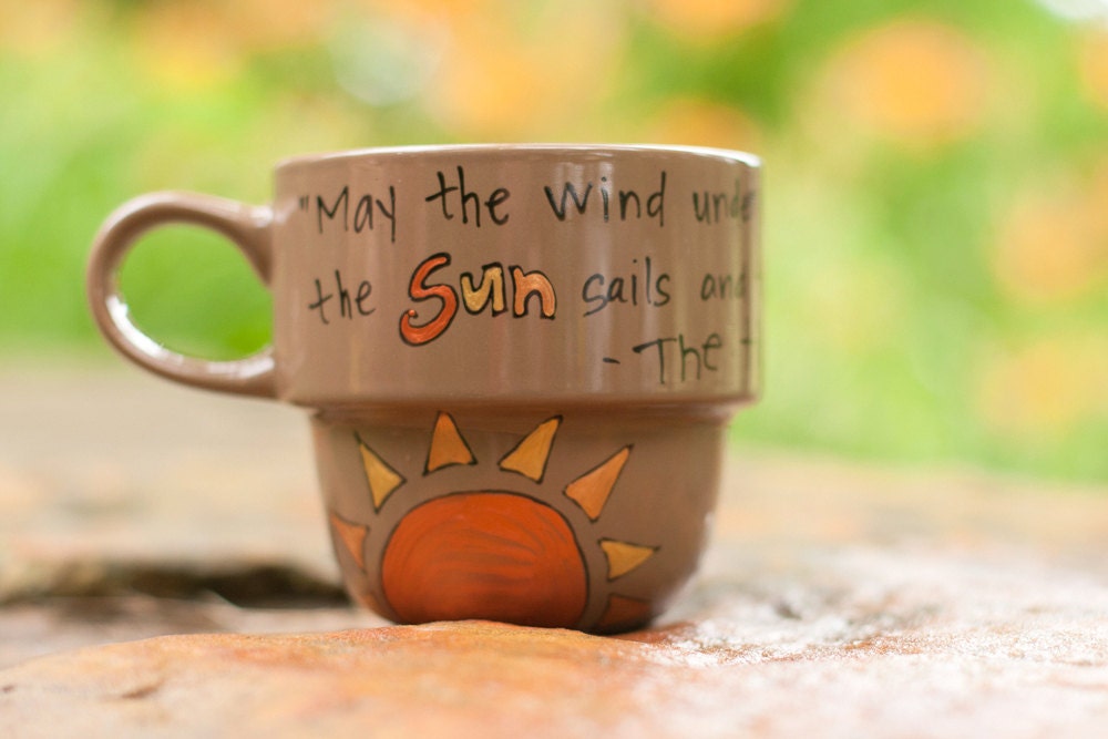 Reserved: The Hobbit "May the wind under your wings bear you..." J.R.R. Tolkien Blessing - Lg mocha brown mug, hand painted w moon and sun