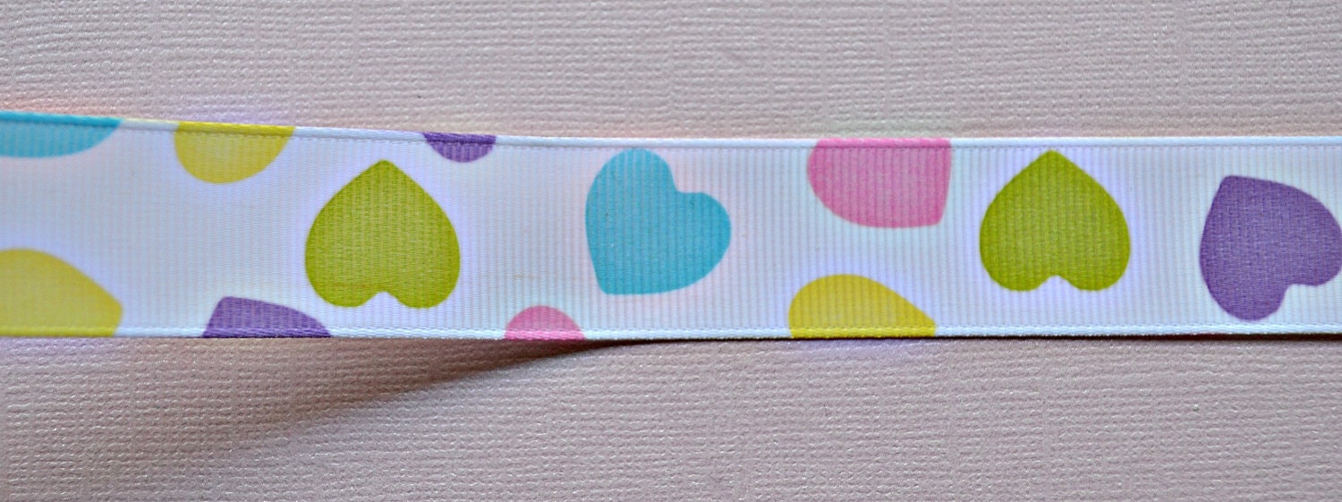 Hearts of hearts in blues, pinks and yellows 7/8" grosgrain ribbon- valentines Il_170x135