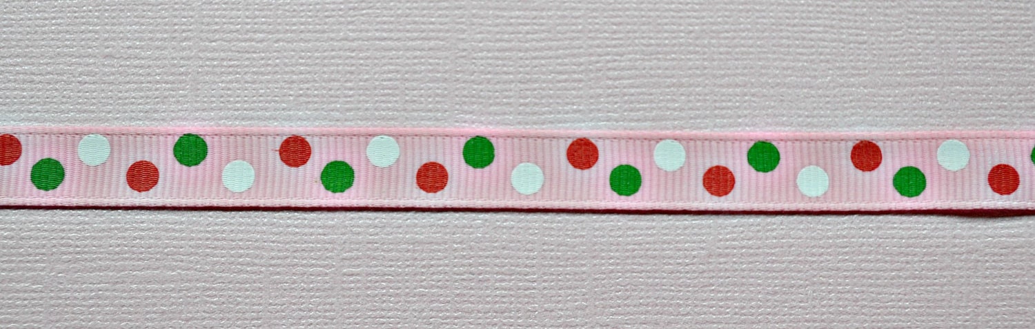 Pink 3/8" grosgrain ribbon with christmas polka dots Il_570xn