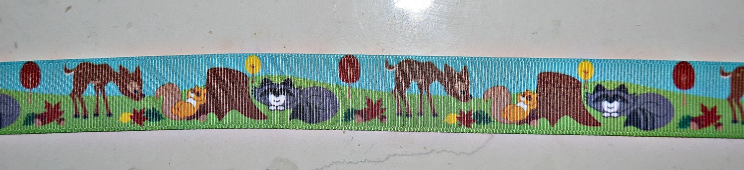 Woodland creatures on blue 7/8" grosgrain ribbon Il_570xn