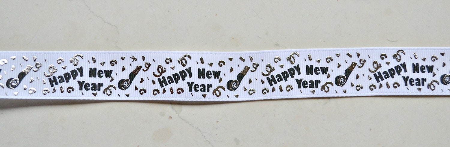 Silver foil Happy New Years streamers & confetti on white 7/8" grosgrain ribbon New Years eve Il_570xn