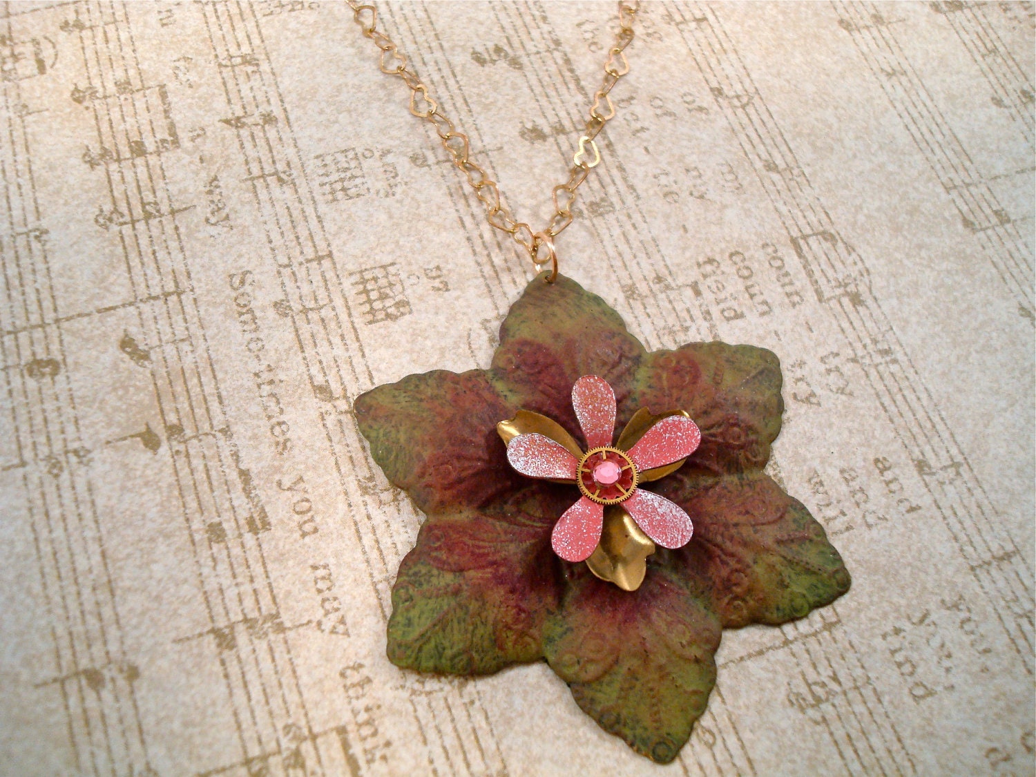 Pink Star Kale Pendant Necklace - Secret Garden Enamel Olive Green Burgundy Steampunk Shabby Chic Vintage Flower Heart
