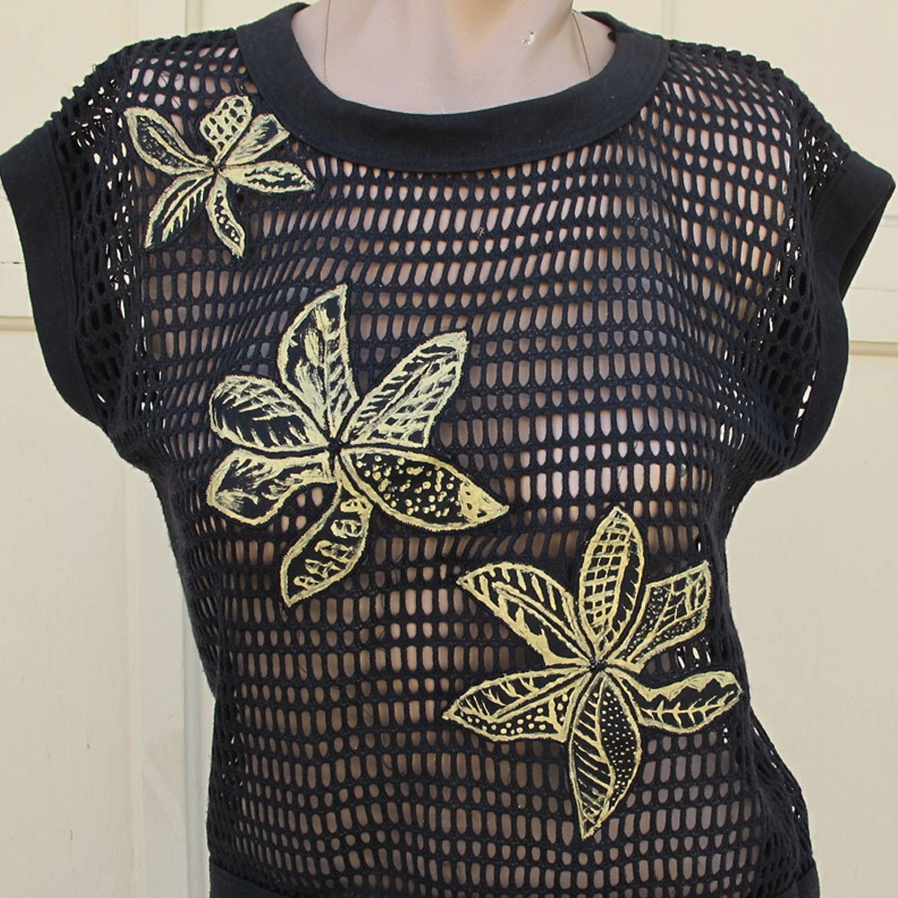 Vintage Black Short Sleeve Mesh Top - Womens Shirt/ Bikini Coverup w/ Gold Flowers - Size: Small - Medium