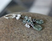 ON SALE - 10% off - Moss aquamarine, pearl and gemstone cluster dangle earrings