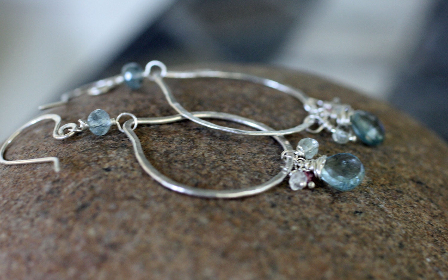 Eowyn - moss aquamarine, topaz and pink sapphire lotus petal dangle earrings, in fine silver