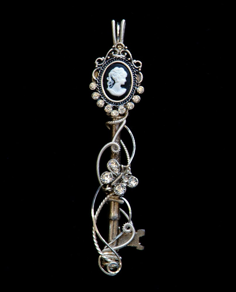 Cameo Antique Skeleton Key Pendant Necklace, black and white cameo, wire wrapped key, key jewelry, crystal butterfly