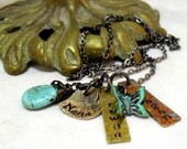 Handstamped Nana necklace, Multi Shape Rectangles, Hand Stamped Mommy Necklace, Jewelry for Mom, Teal Butterfly necklace