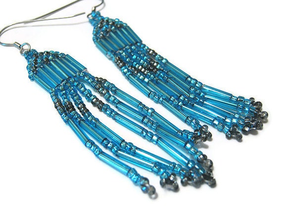 Grey and Turquoise Blue Seed Bead Dangle Earrings
