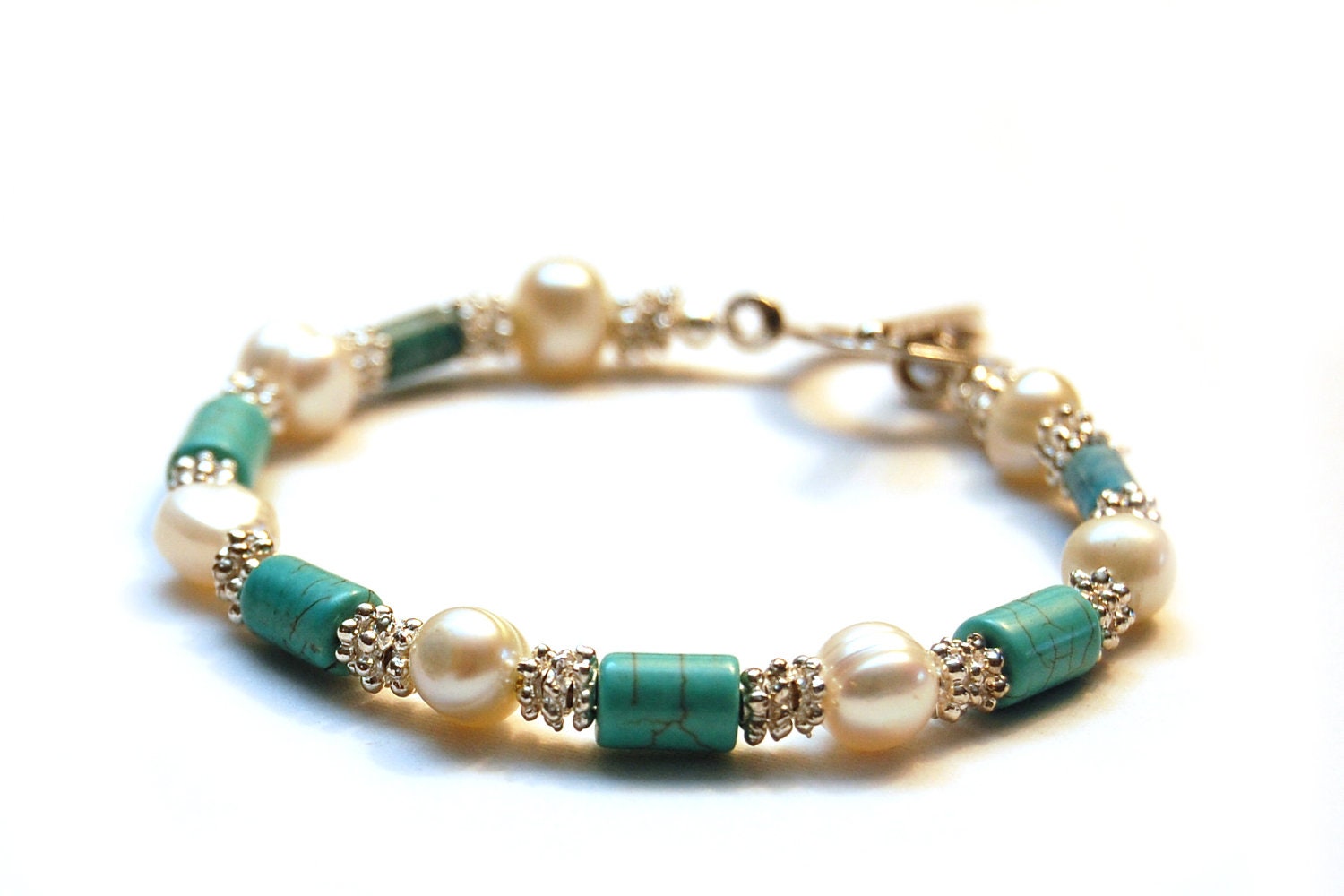 Blue Turquoise Freshwater Pearl Bracelet (Third Chakra - Diabetes, depression, digestive issues, liver problems, difficulty breathing)